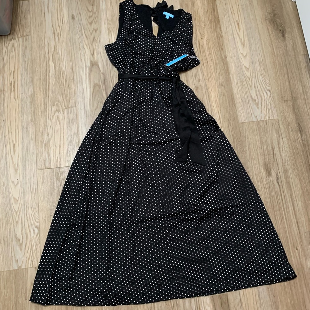 Draper James Polka Dot Bow Tie Waist Maxi Dress - L - 12 - Black/Ivory - NEW